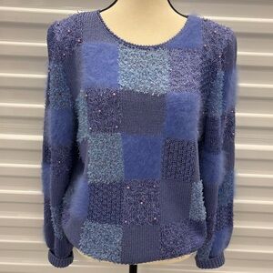 Vintage Lara Ferrante Patchwork Knit Sweater Purple Angora Blend Sz Lg
